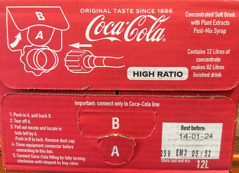 Coca Cola Original Taste 12lt - HIGH YIELD Postmix Bag in Box ~ Dated Jan 24