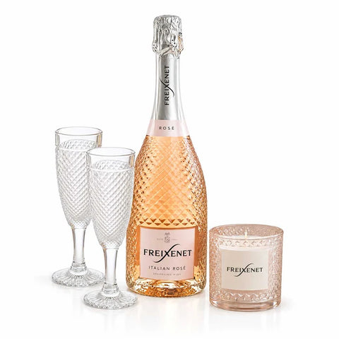 Freixenet Prosecco Rosé  D.O.C. 75cl & 2 Cut-Glass Flutes & Gardenia Candle Gift Set