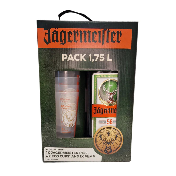Jagermeister Party Pack - 1 x 1.75 Litre Bottle, 4 x Eco Cups and 1 x Bottle Pump