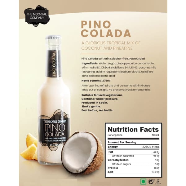 The Mocktail Company Pino Colada 275ml Bottle - Non-Alcoholic Pina Colada Drink - NON ALCOHOLIC